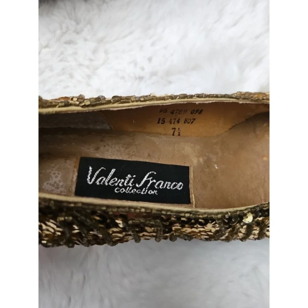 Valenti Franco Gold Sequin Beaded Kitten Heels‎ Pumps Size 7.5 Vintage Glam